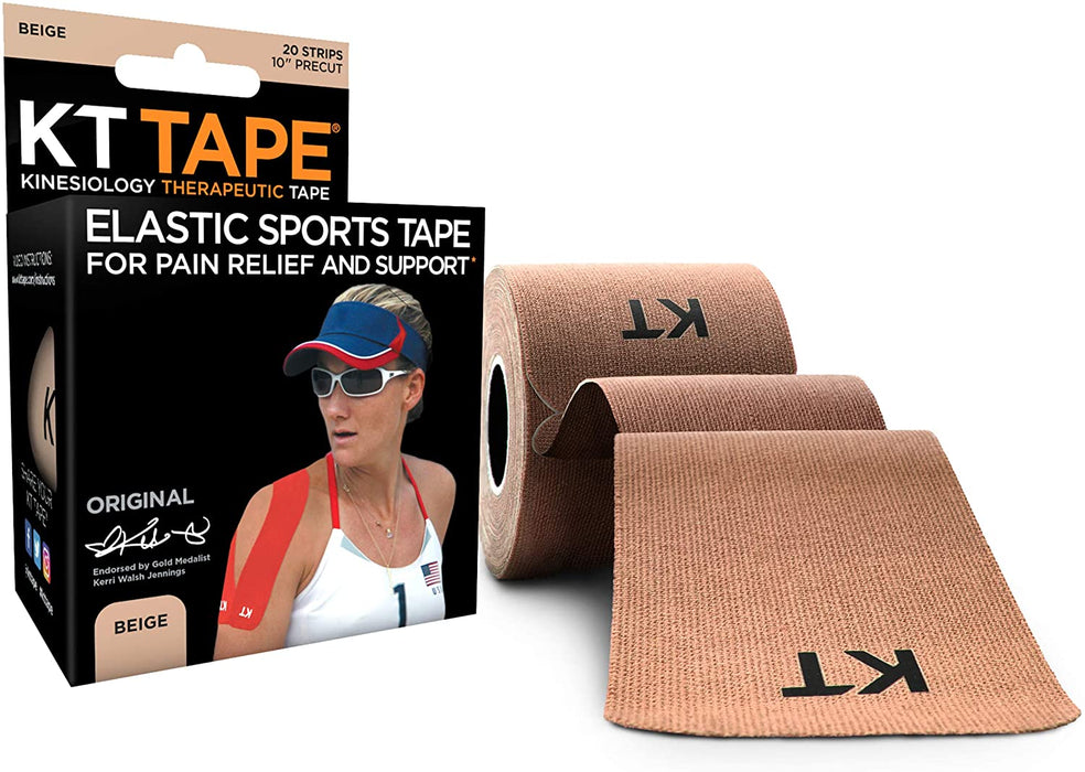 KT Tape Original Cotton Elastic Kinesiology Therapeutic Athletic Tape, 20 Pack, 10” Cut Strips Beige - Precut